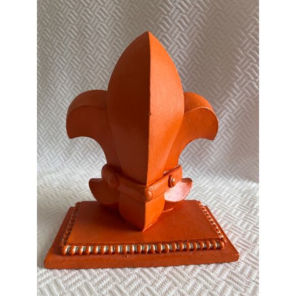 Vintage Wood Fleur-de-Lis Bookends – Hand Painted Orange 6.5” Tall – 4 Lbs Total - Picture 1 of 9